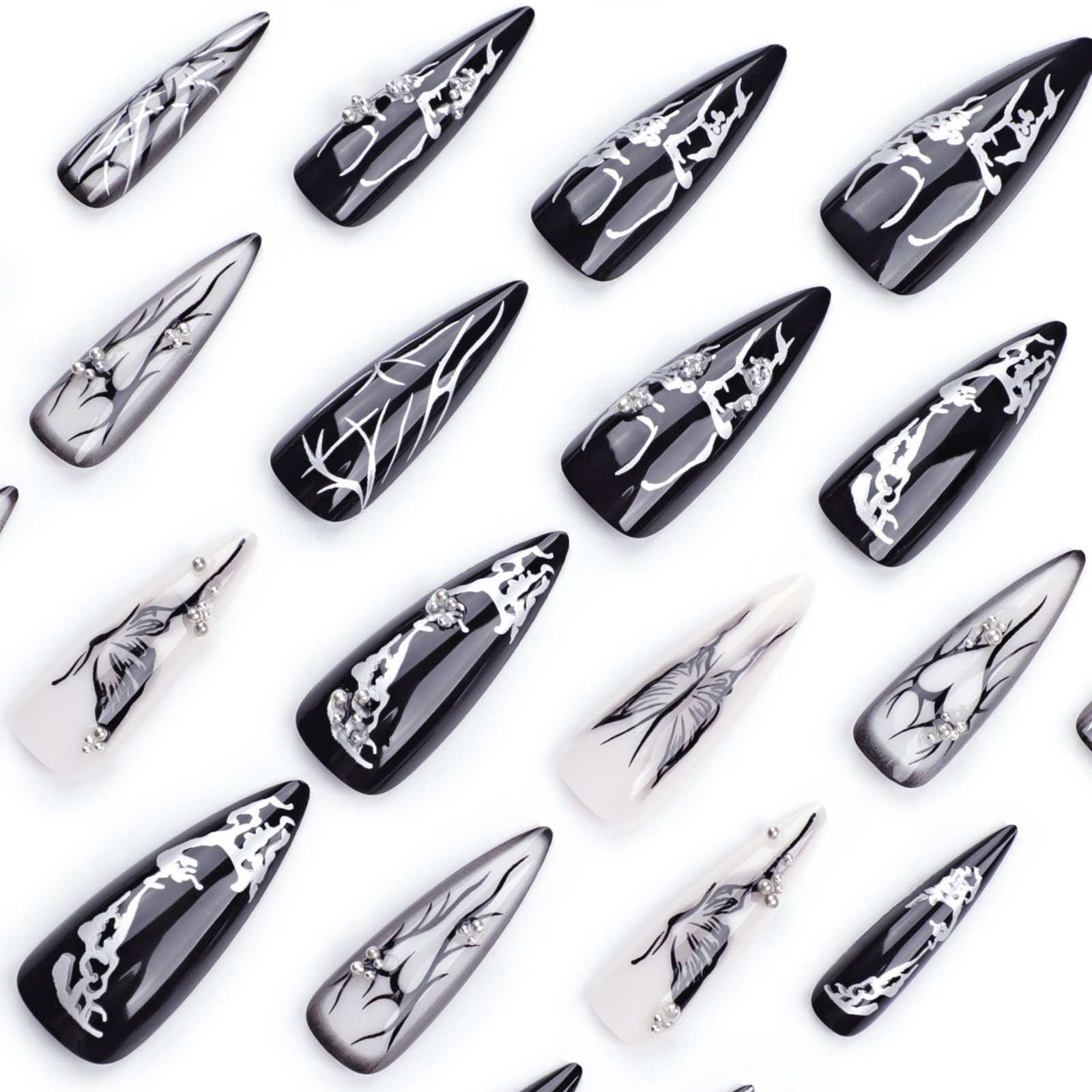 24pcs Black White Abstract Gothic cool Press On Nails, 3D Long Stiletto Shape