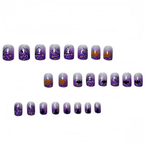 24Pcs Halloween Nails Cute Cat Bat Pumpkin Press on Nails Short halloween tree