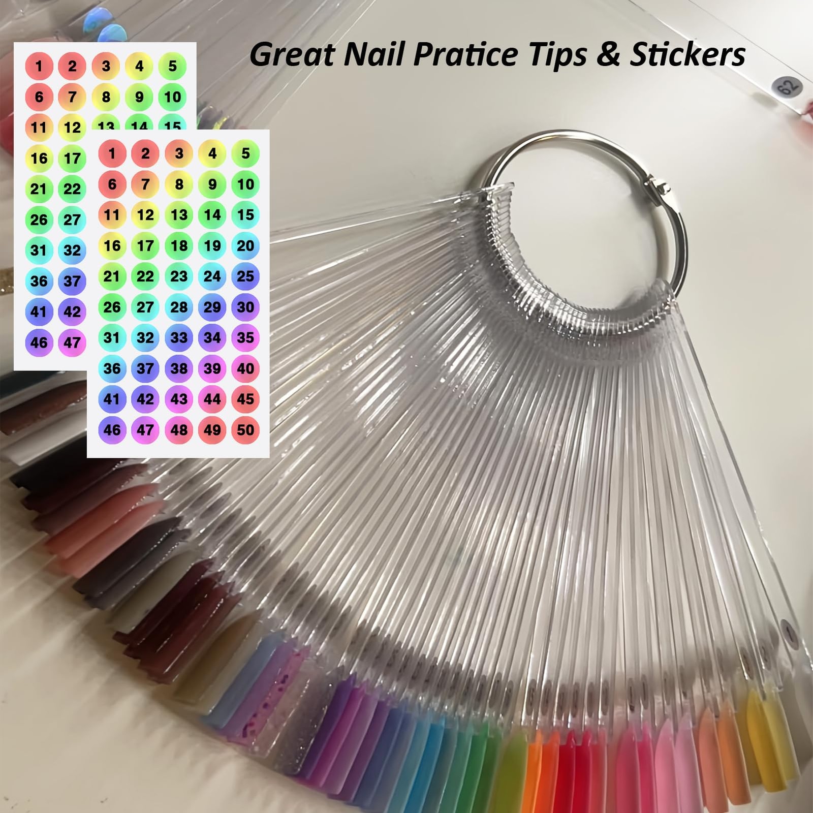 50 Pcs Clear Fan Shape Nail Color Swatches Sticks with Ring for Manicure