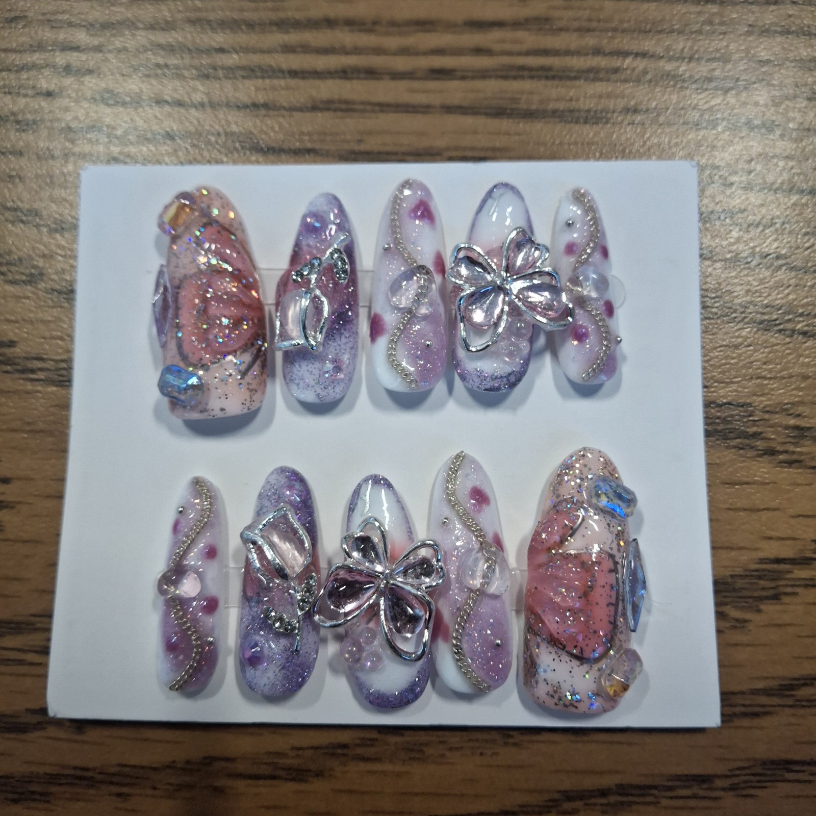 Handmade Custom Medium Press On Butterfly Nails – 3D Charms Pink Purple Silver
