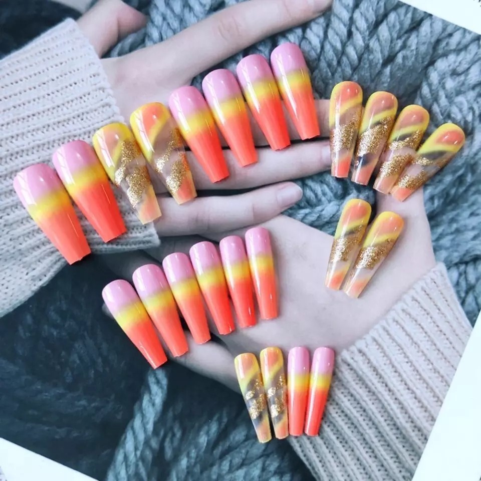 24 Orange pink Sunset Press on nails kit glue clear gold flake strong extra long