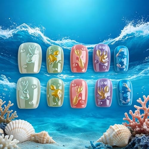 Press on Nails with Embossed Koi Fish Design Glossy Multicolor Fake 3D Goldfish