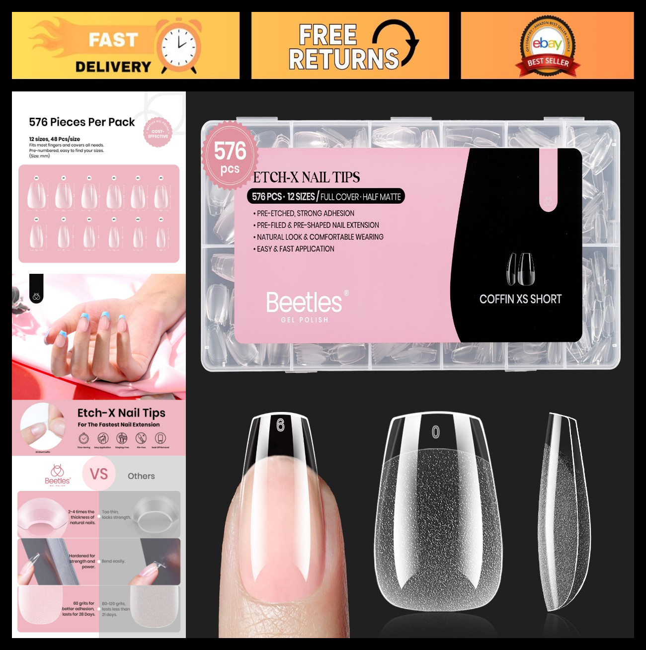 Extra Short Coffin Gel Nail Tips 576Pcs – Pre-Etched Half Matte Press On Nails,