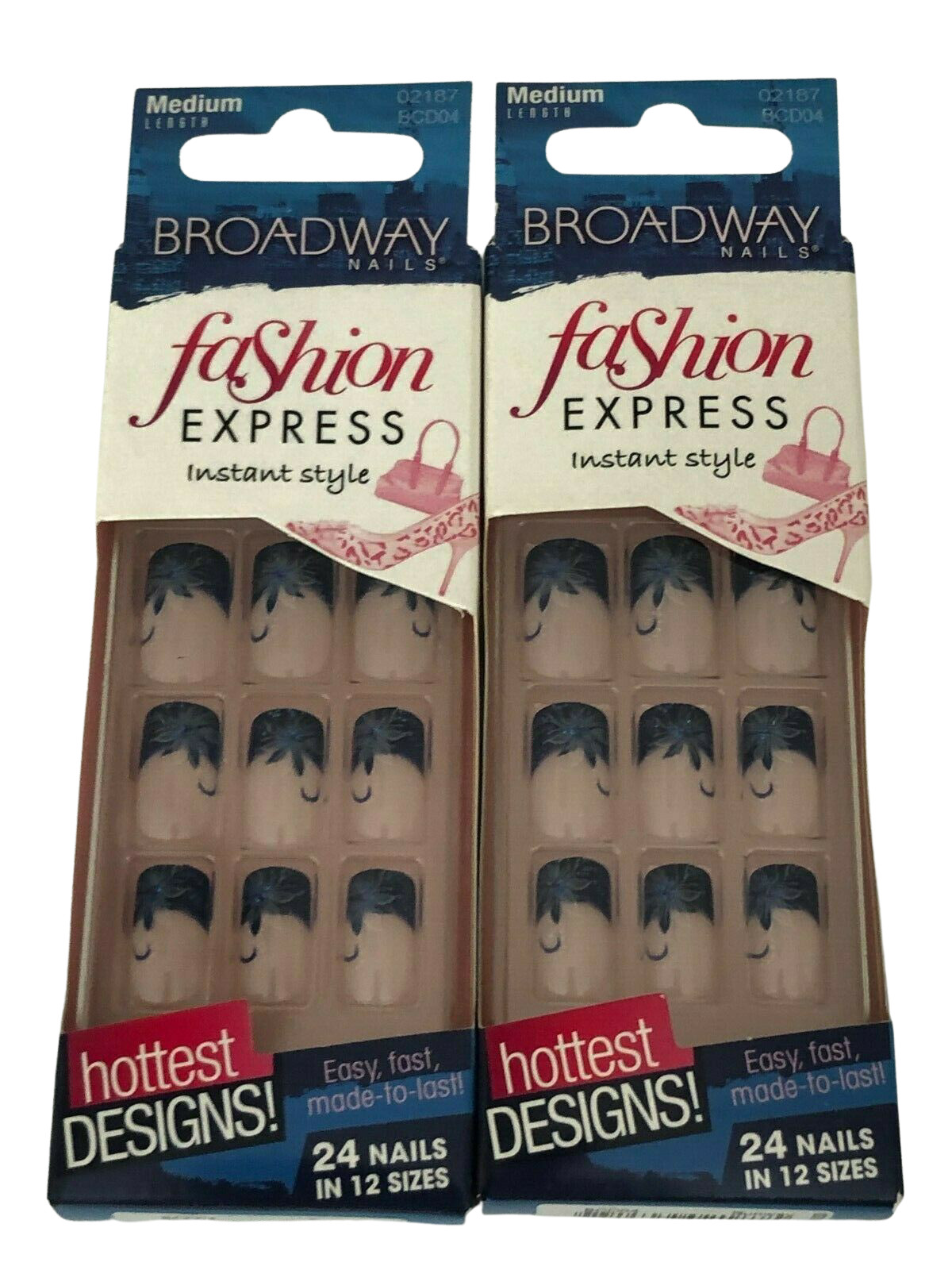 2 PACK KISS BROADWAY FASHION EXPRESS NAILS BLUE SPARKLE DESIGN Medium BCD04
