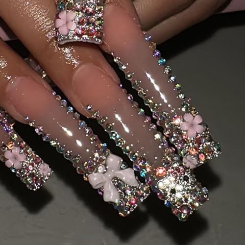 Press Nails Coffin French Tips with Design 3D Bow Flower Long Style-11