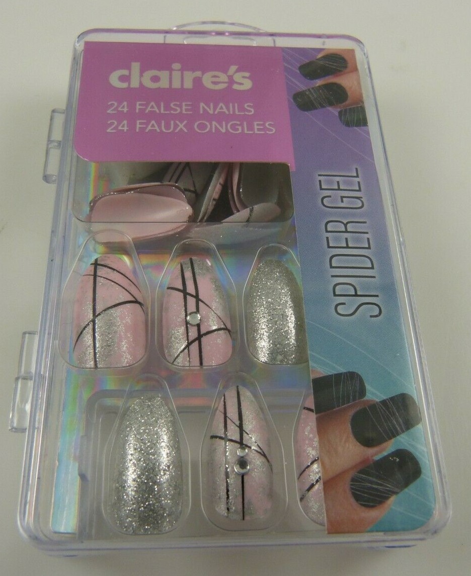 Claire’s faux nails glitter pink silver with glue elegant great for holidays