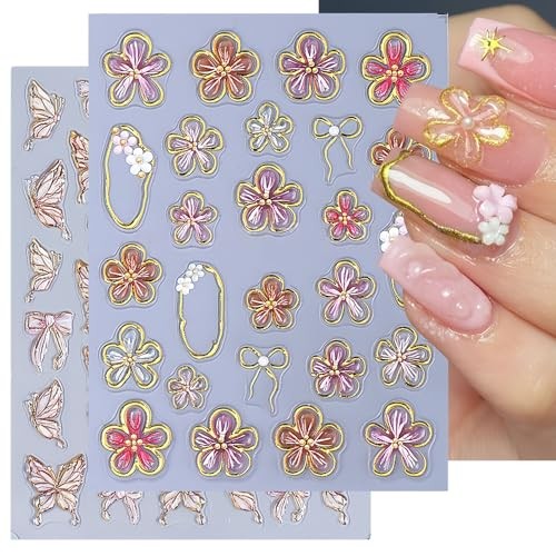5D Nail Stickers Set for Women Girls, 2 Sheets 3D Flower & Butterfly Nail Pink