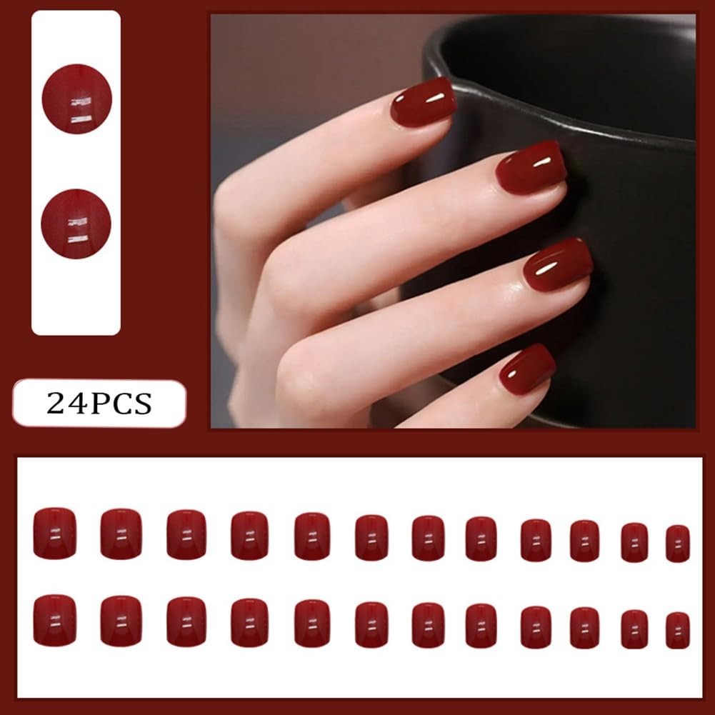Red Press on False Nails Short 24Pcs Square Fake Nail Red Acrylic Coffin Pres…