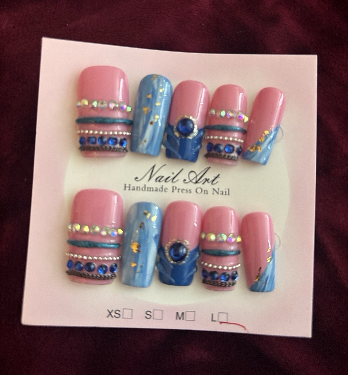 Press-On Nails Set Pink & Blue Rhinestones Square Medium Full Cover Shiny