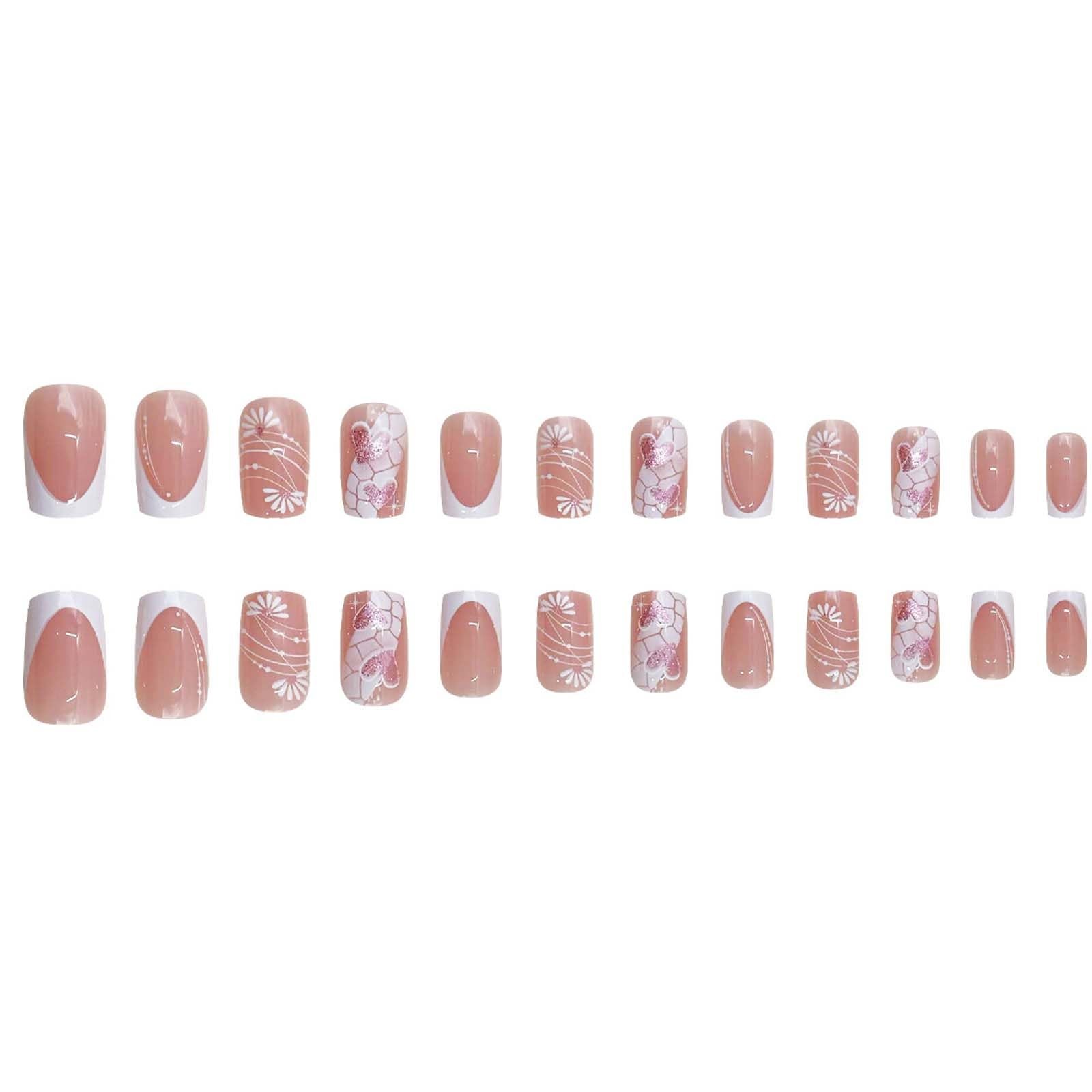 24Pcs Valentines French Tip Press on Nails Short Square Glitter Heart Fake Na…