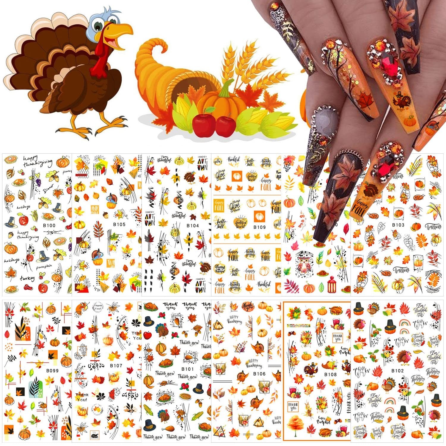 12 Sheets Fall Nail Art Stickers 3D Autumn Leaves Nail Decals Self-Adhesive T…