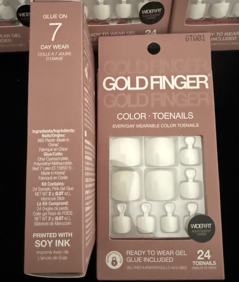*10* Gold Finger White Shiny Toe Press-On Nails Short Square Glue Included GTW01