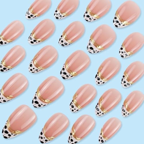 French Tip Press on Nails Short Almond Fake Nails Cow Pattern False Nails A12