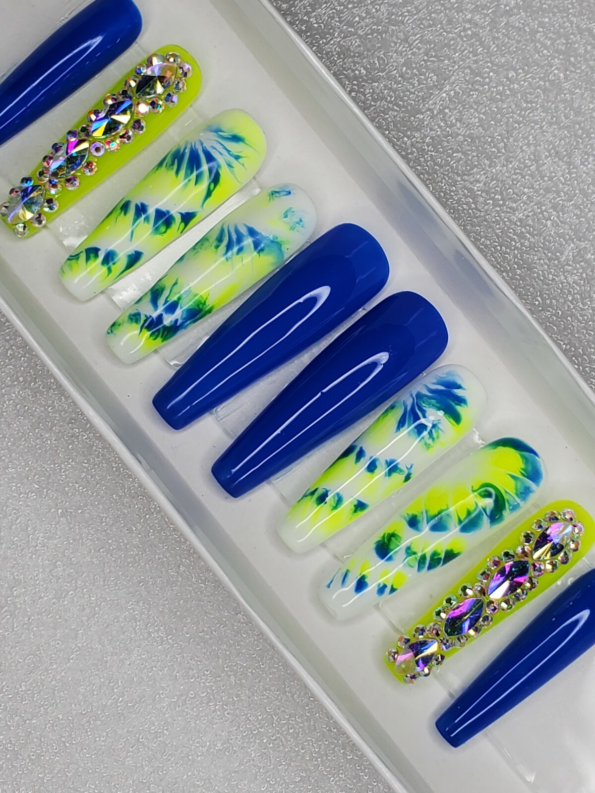 Extra long neon yellow & blue tie dye bling press on nails barbie xl coffin