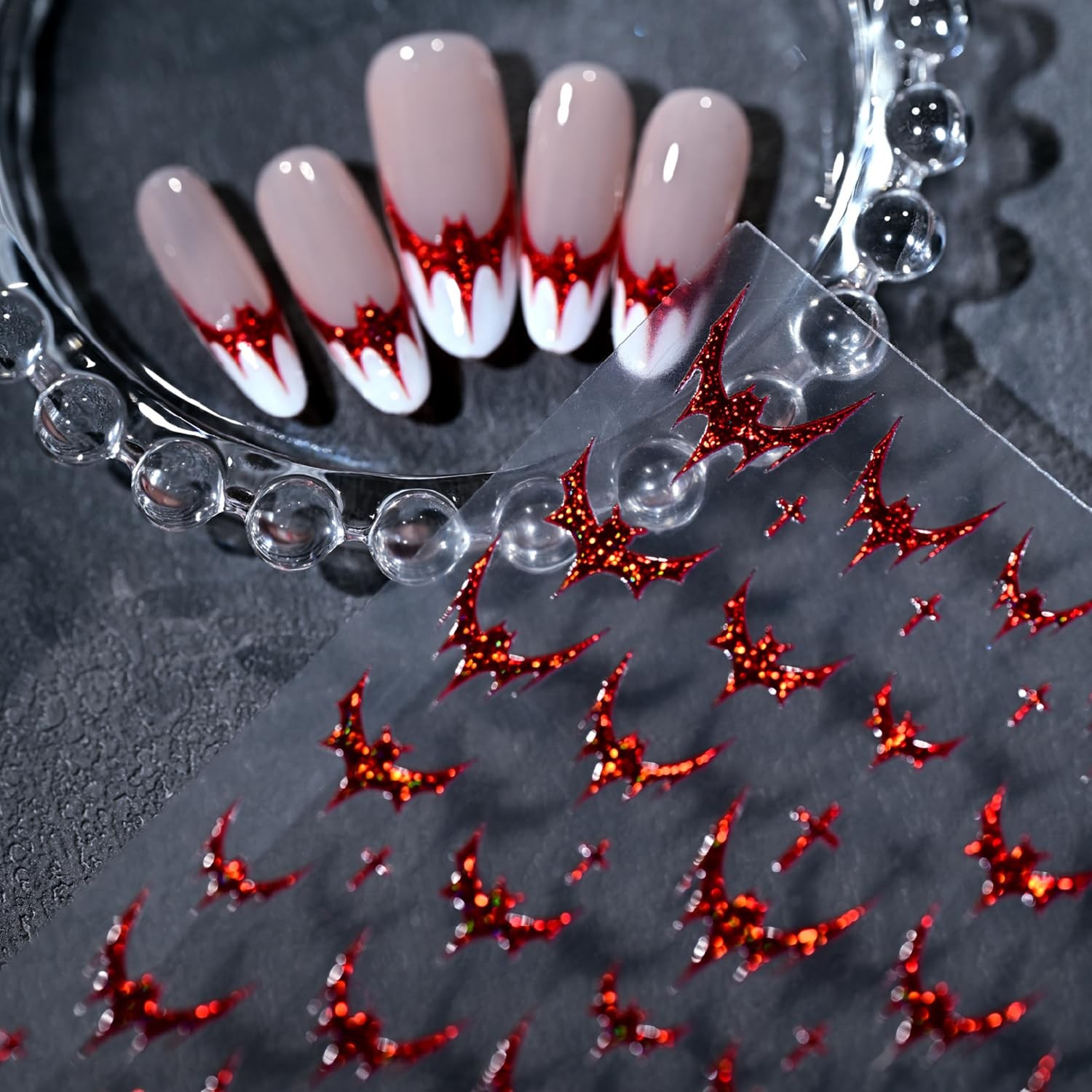 1 Sheets Red Bat Nail Decals for Nail Art 5D Halloween Nail Bat Stickers-3