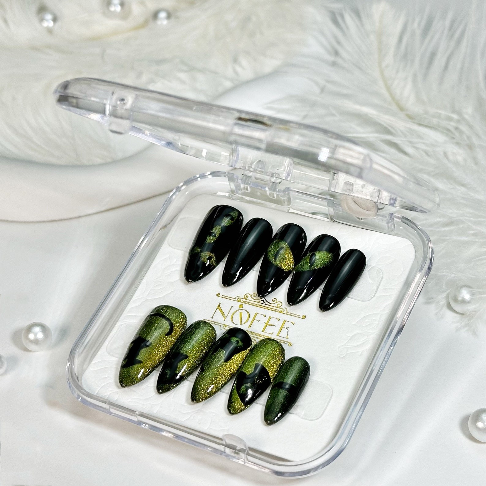 Custom Handmade Black Green Shimmer Halloween Black Cat Stiletto Press on Nails