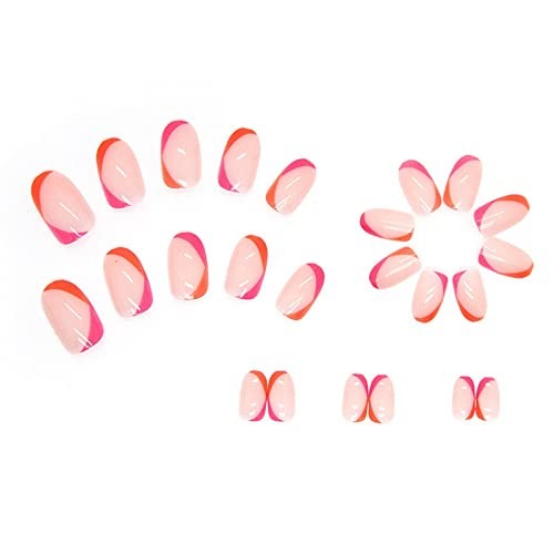Oval Press on Nails Short French Fake Nails Glossy Nude Ombre False Clear,Pink