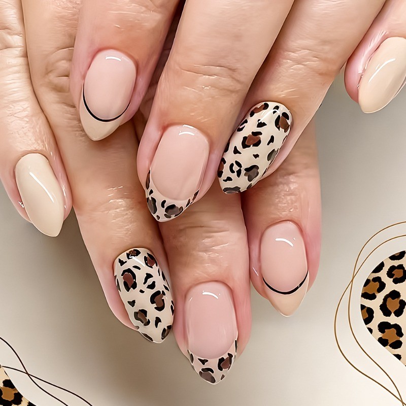 48pcs-Trendy Mixed Design Press on Nails, Almond with Leopard & Nude Accents