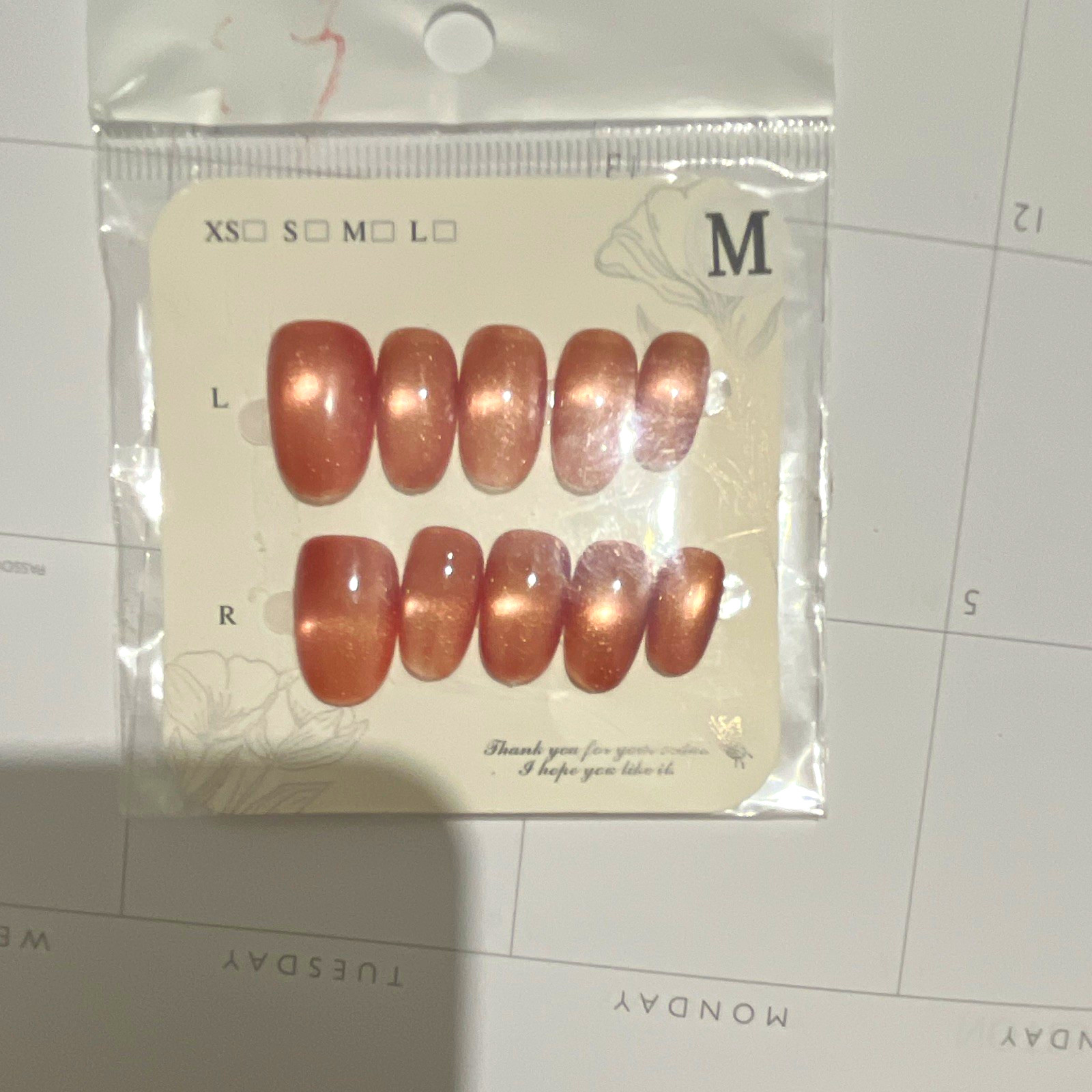 Glue-On Nails Pre-Designed Rose Gold Shimmer Medium Oval Full Cover for Finger