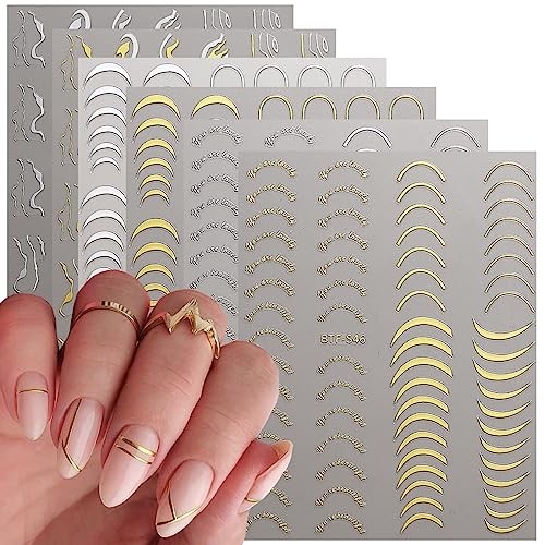 6 Sheets Shiny French Line Nail Art Stickers Decals 3D Glitter Gold Colorful -6
