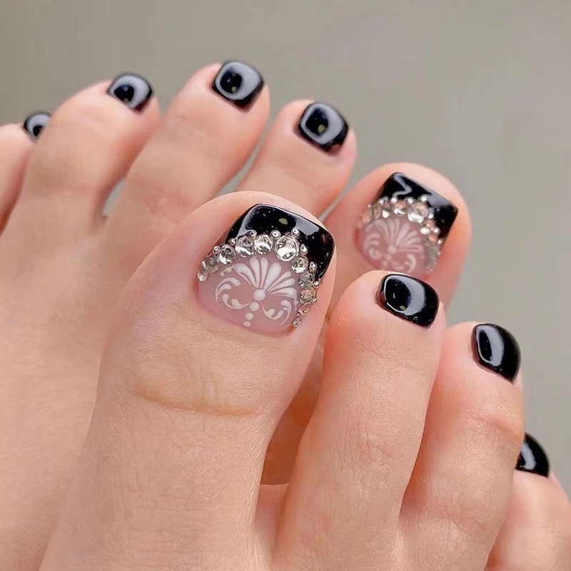 White French Nude Pink Short Fake Toenails Shiny Rhinestone Summer Flower Toe Fa