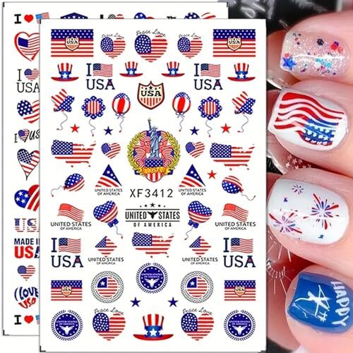 4th of July Nail Art Stickers, 8Sheets American Flag Patriotic Nail Decals