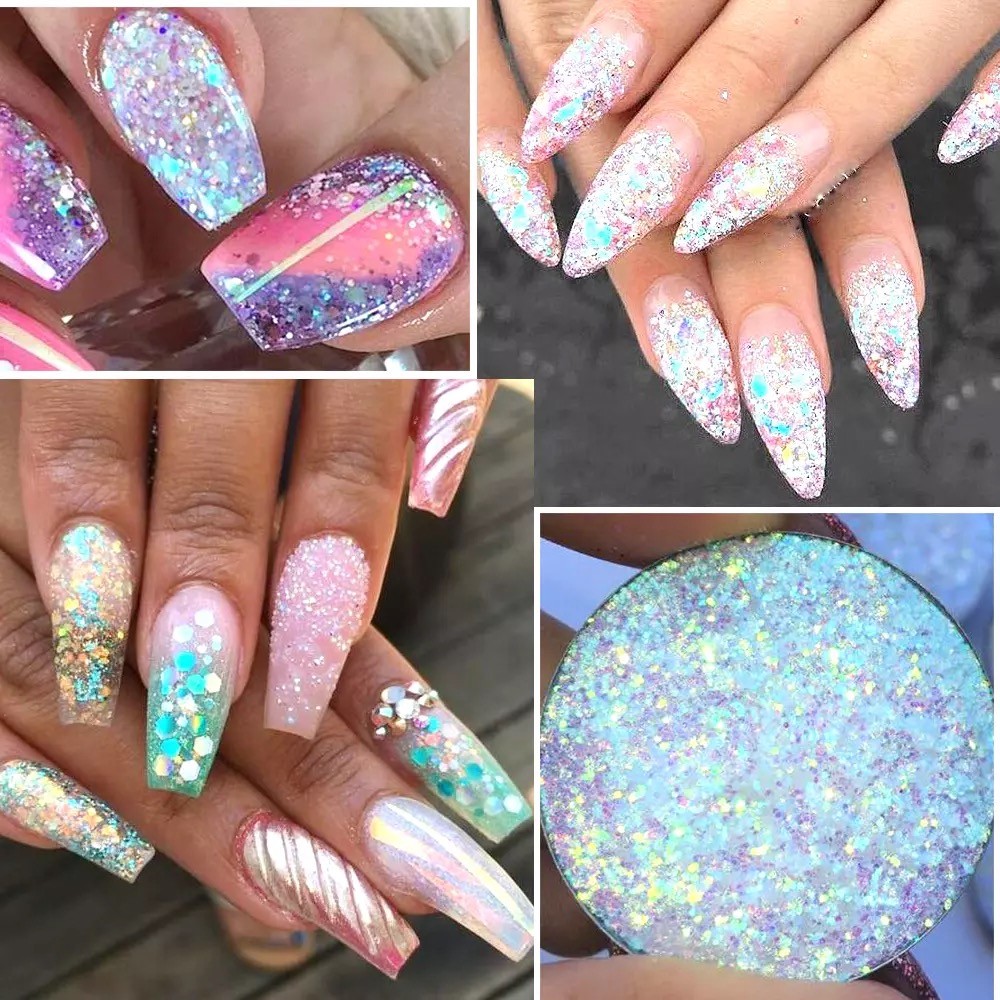 Unicorn Mermaid PIXEL NAIL SEQUINS CHUNKY GLITTER POWDER Effect AB Mix Sizes
