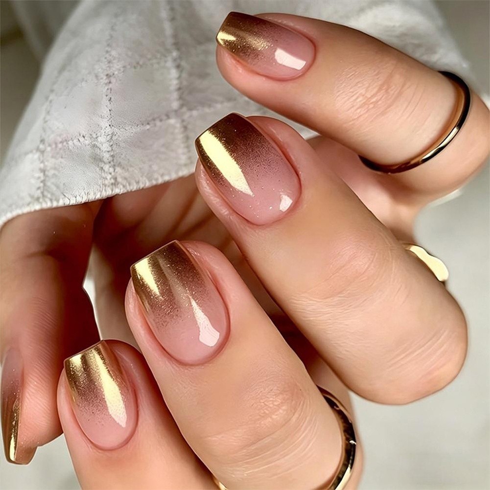 Gold to Pink Gradient Press On Nails Short Square ABS Material 30 Pieces
