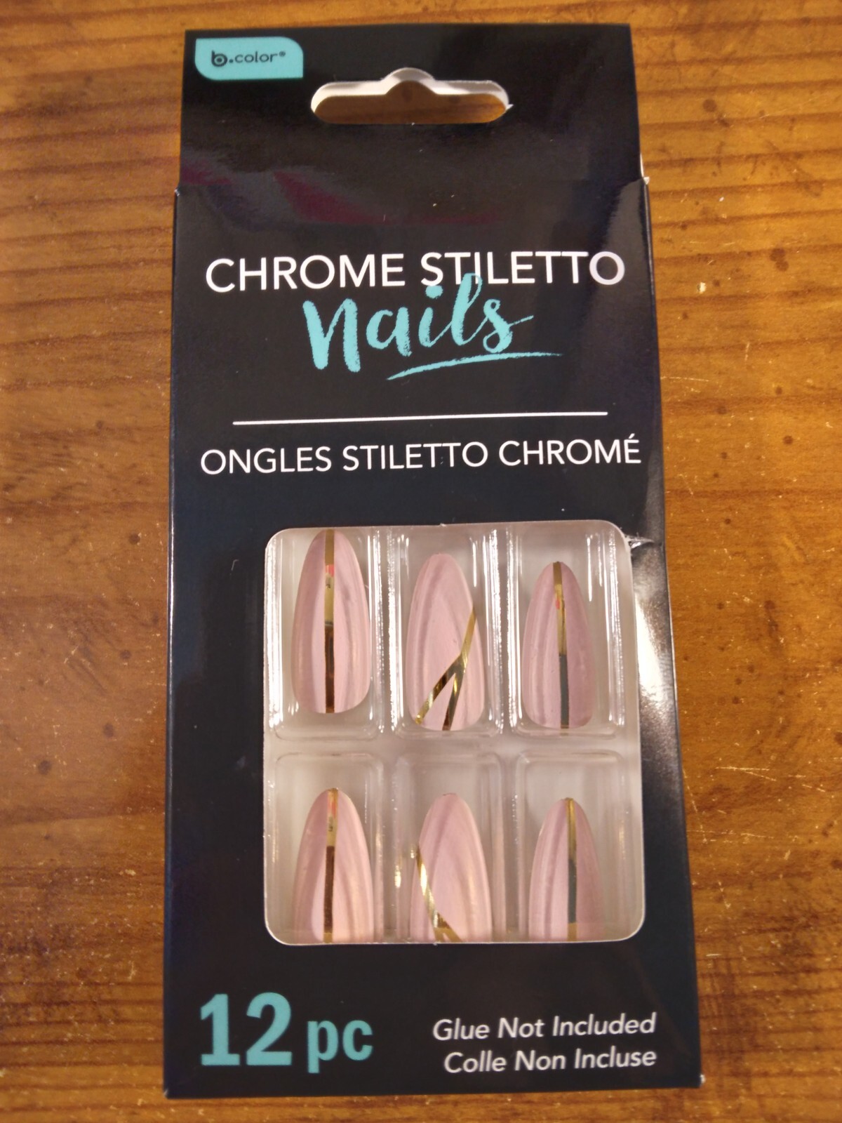12 Piece Chrome Stiletto finger nail set Pink with gold stripe 273871