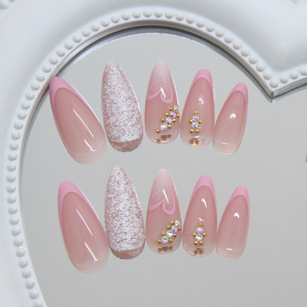 24PCS Almond For french Nails with Delicate Heart Design and For shimmer Finish