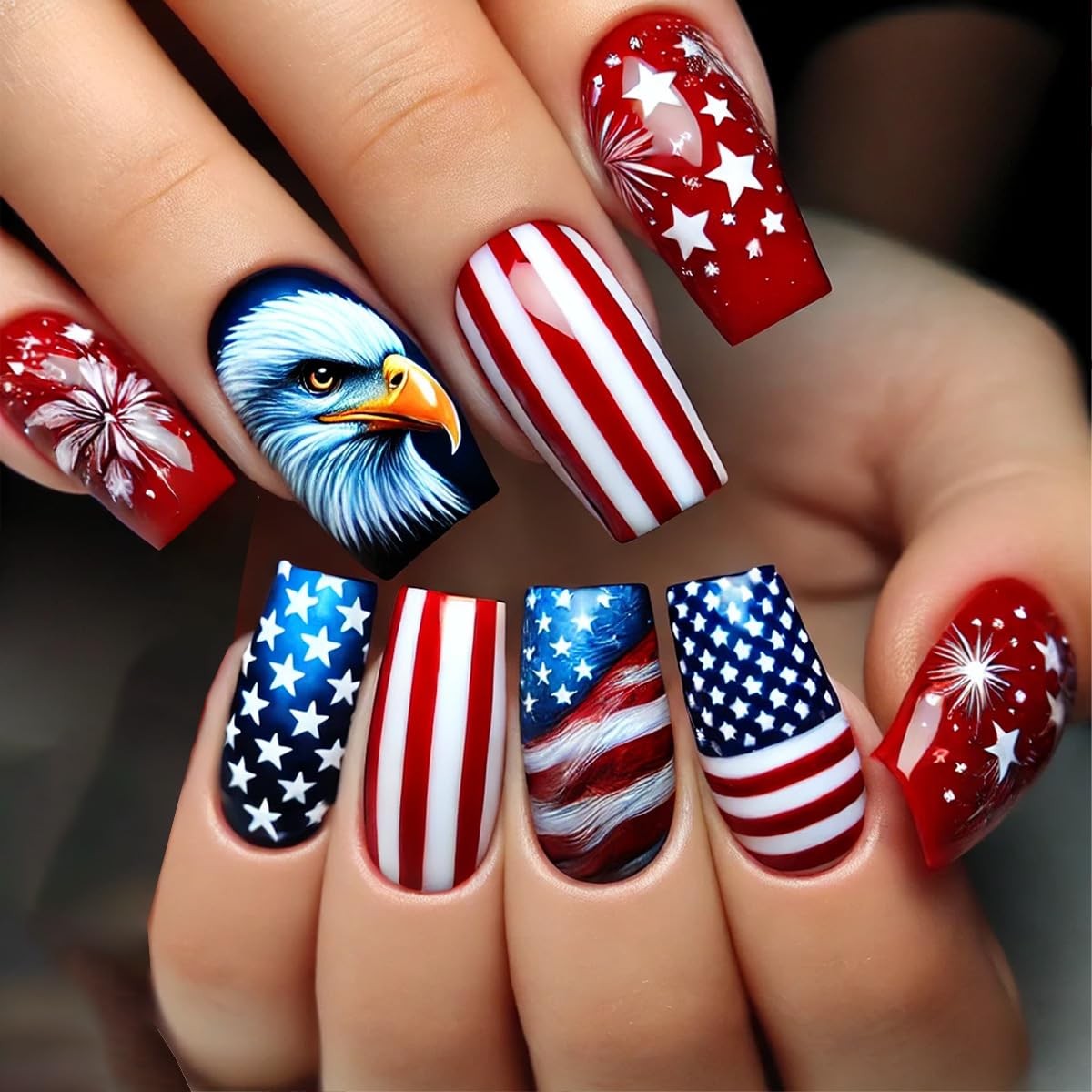 4th of July Press On Nails Short Square Red Blue Fake Nails Press ons Nail Ar…