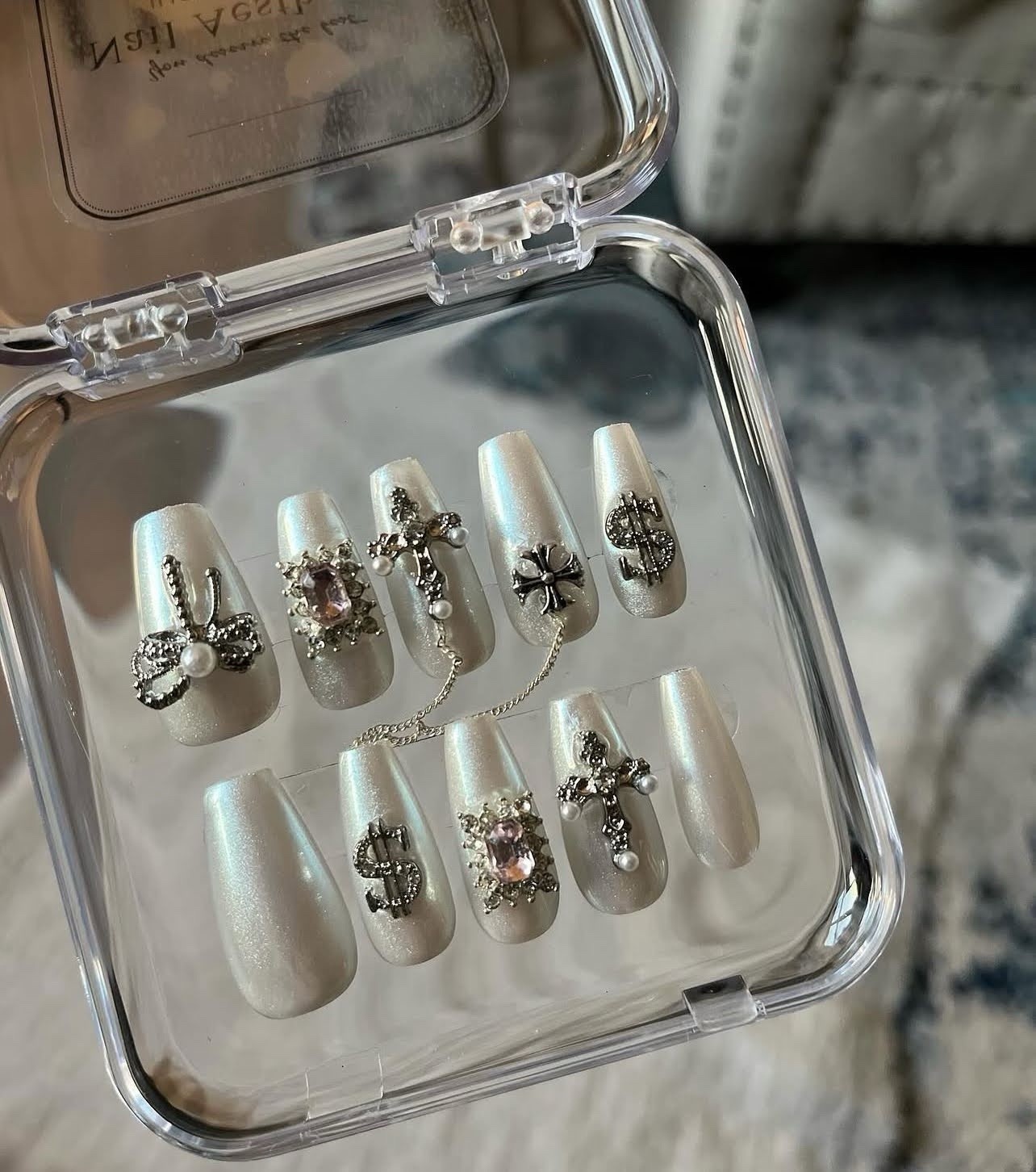 Press-On Nails Long Coffin White & Silver Shiny Rhinestone Full Cover Set