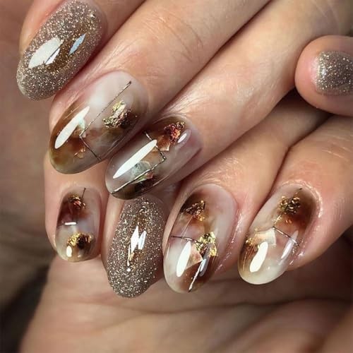 Brown Marble Press on Nails Medium Oval Glossy Fake Nails with Glitter style10