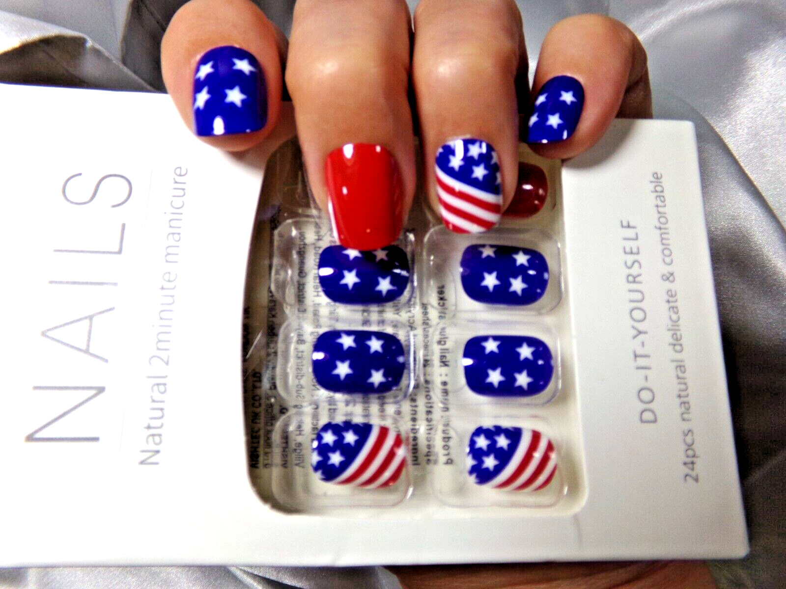 4th of July Nails Shiny American Flag Red White & Blue GLUE ON Short