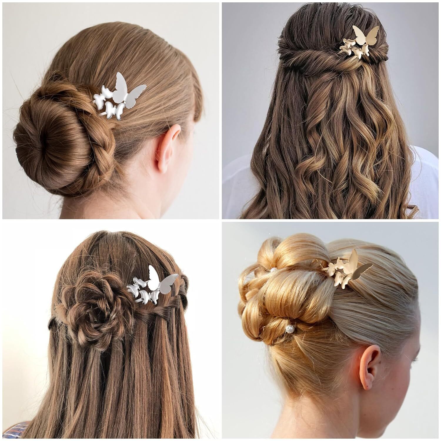 2pcs Butterfly U Shaped Hair Pins Metal French Retro Fork gold+sliver