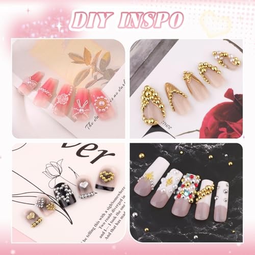 Flatback Nail Pearls Gems, Half 14 Nail Pearls(White+Beige+Gold+Silver) Set 1