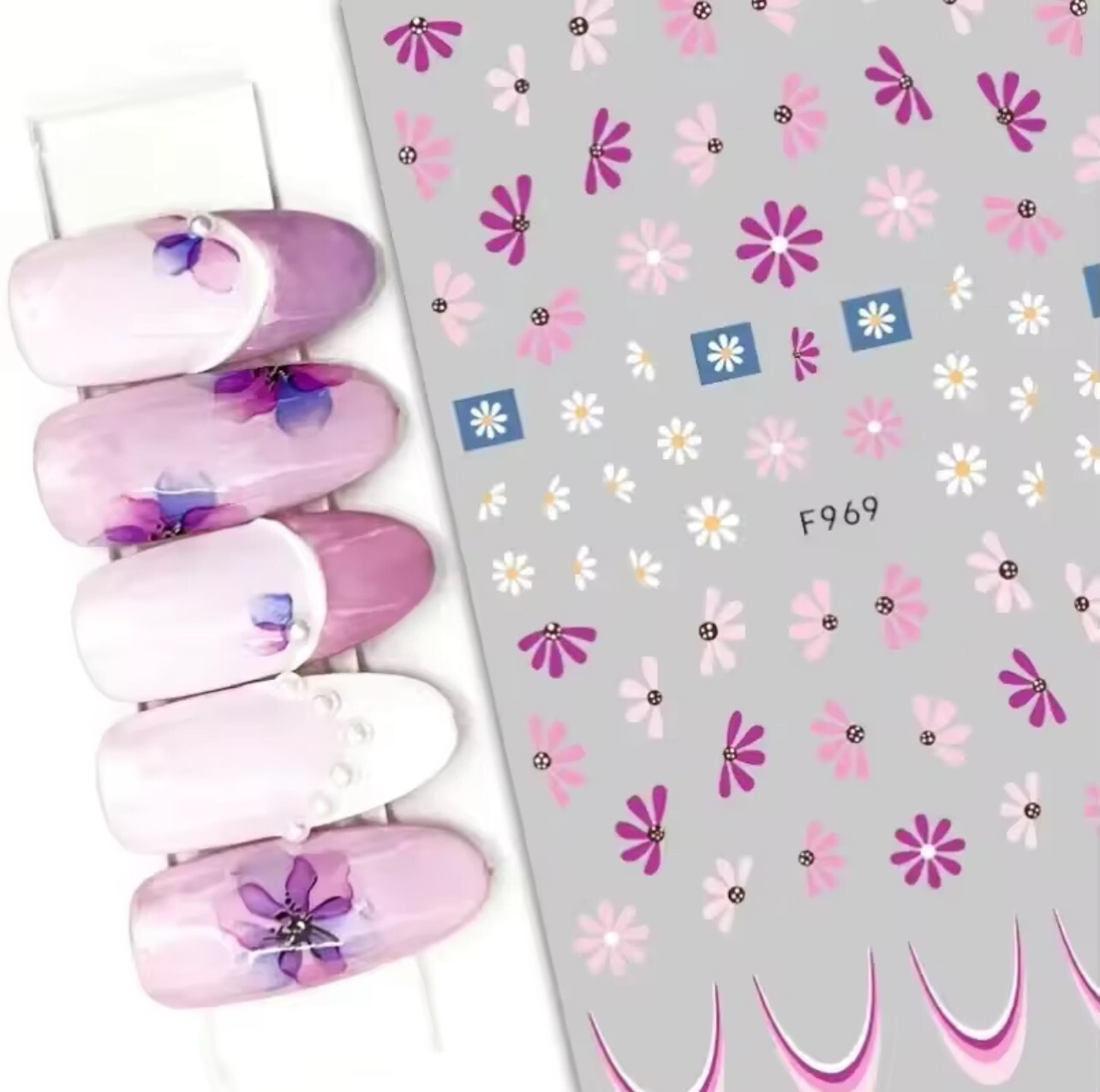 Nail Art Stickers Transfers Decals Spring Summer Flowers Floral Daisy Pink F969