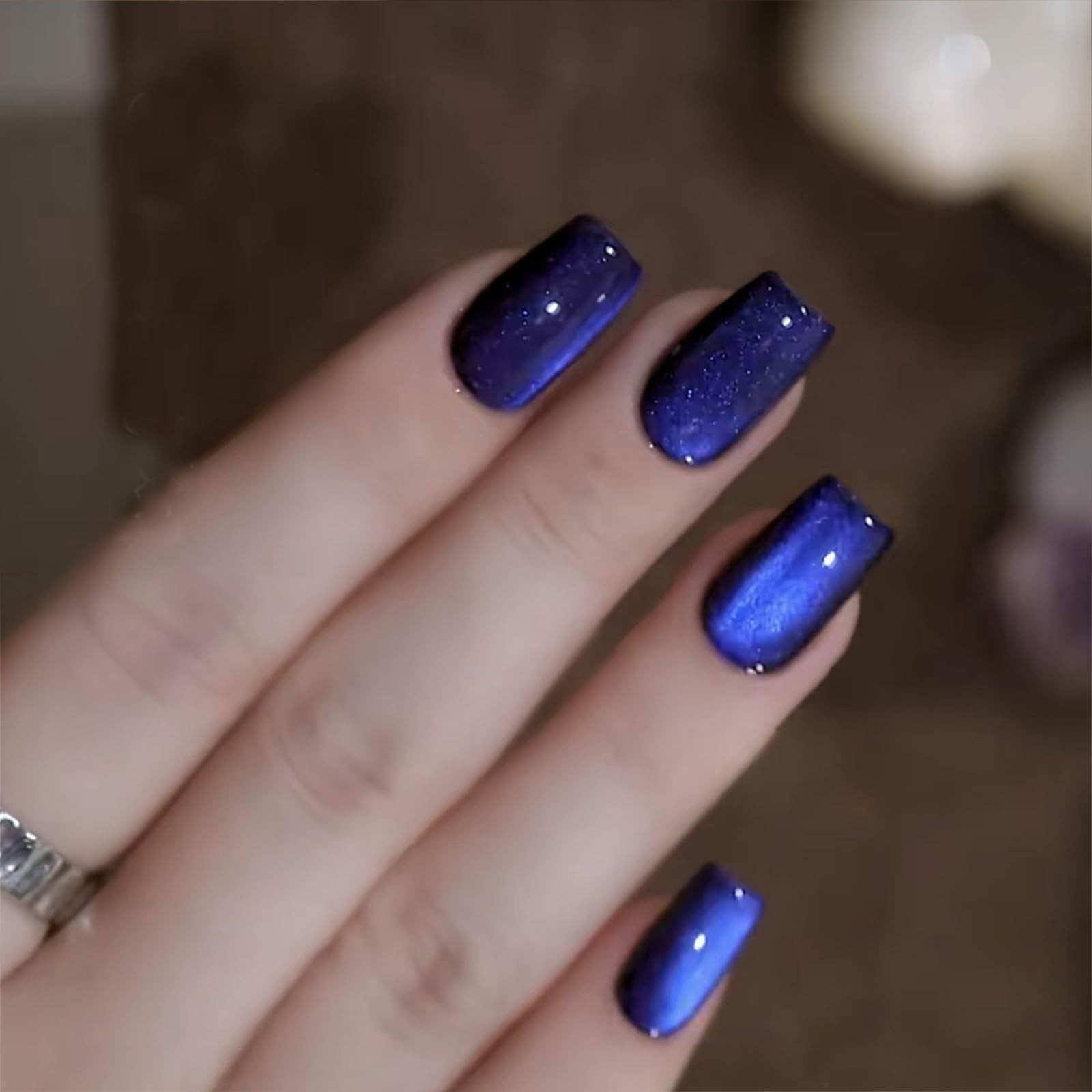 Blue Glitter Press on Nails Short Square Fake Nails False Nails with Design G…