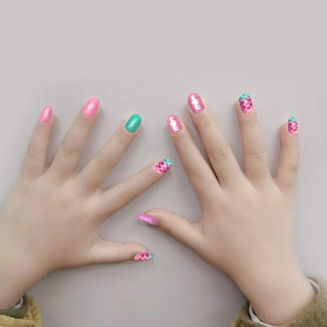 120pcs 5 pack Children Nails Press on Pre-glue Full Cover Glitter Gradient Co…