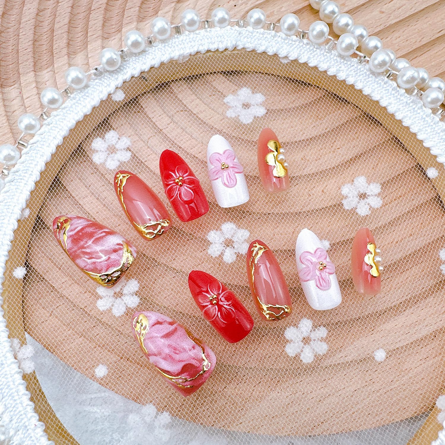 30Pcs Pink Press on Nails Medium Almond Fake Nails with 3D Flowers Pearl Designs