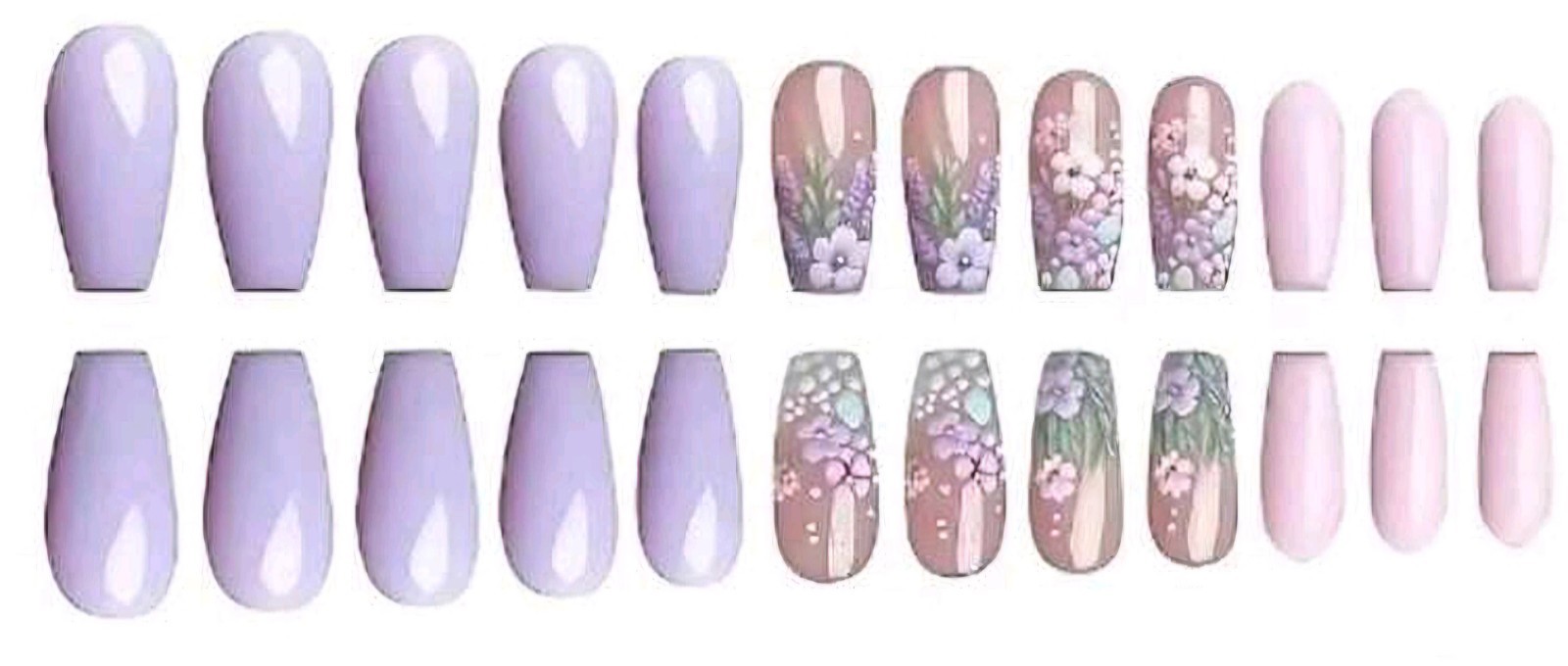 Press-On Nails Summer of Love Lavender Pink Clear Floral Coffin Long Shiny