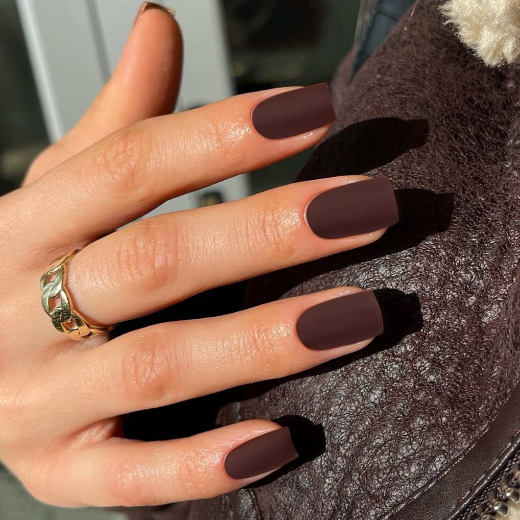 Matte Maroon Brown Press Nails Short Square Acrylic Natural Fake Coffin Pure