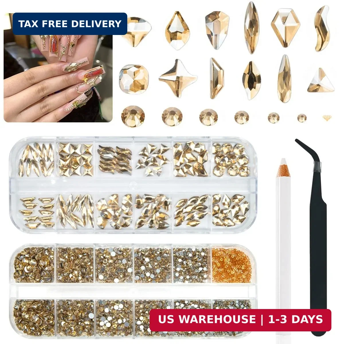qiipii 4080Pcs Champagne Golden Nail Rhinestones Flatback Gold Crystals Gems Rou