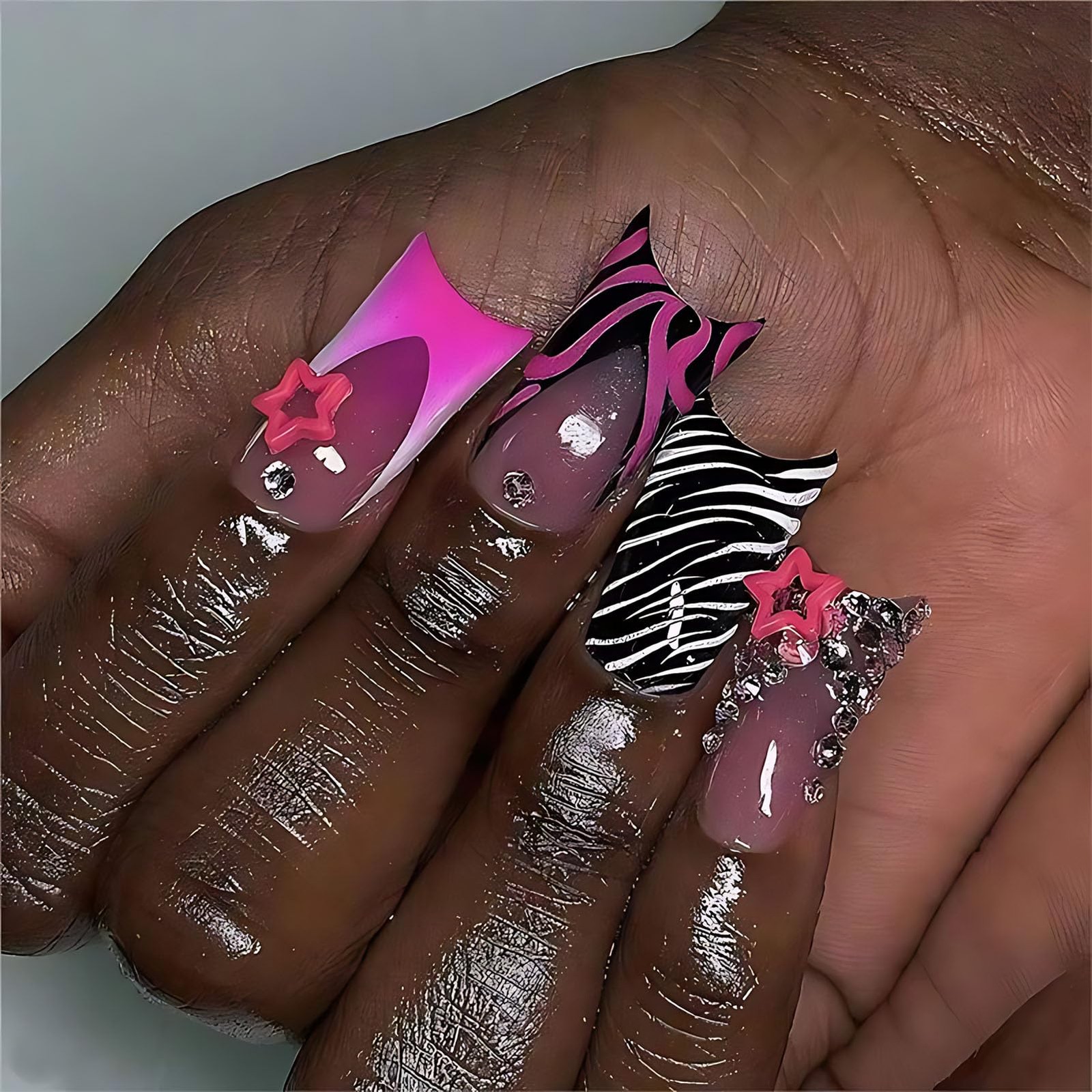 Duck Press On Nails Y2K Long 3D Flower Design Red French Tip Nails for Women