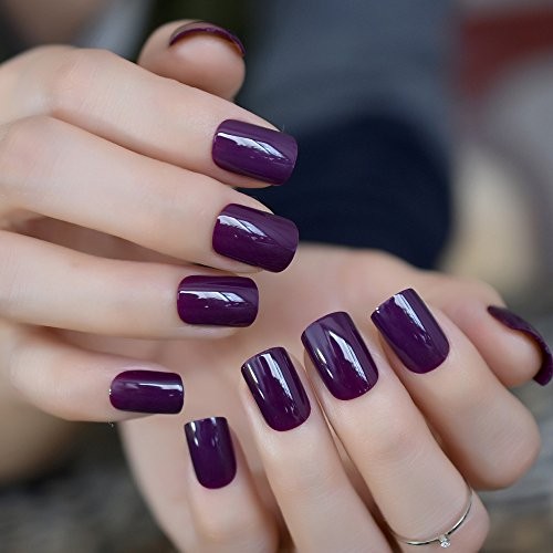 Glossy Press on Nails,Short Squoval False Nails,Beauty Solid Color Dark Purple