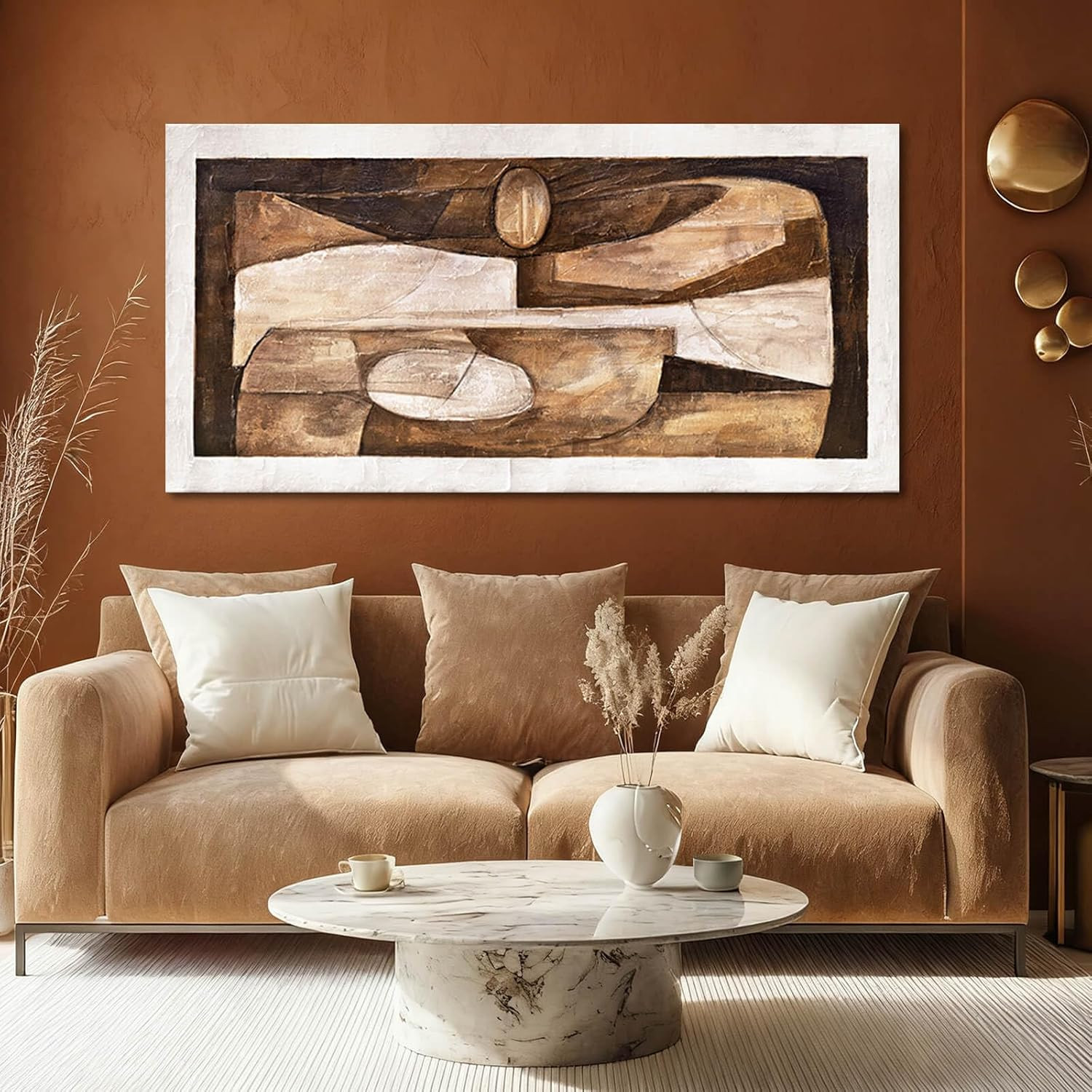 Geometric Tan Wall Art – Textured Gold Decor for Living Room & Office 24×48