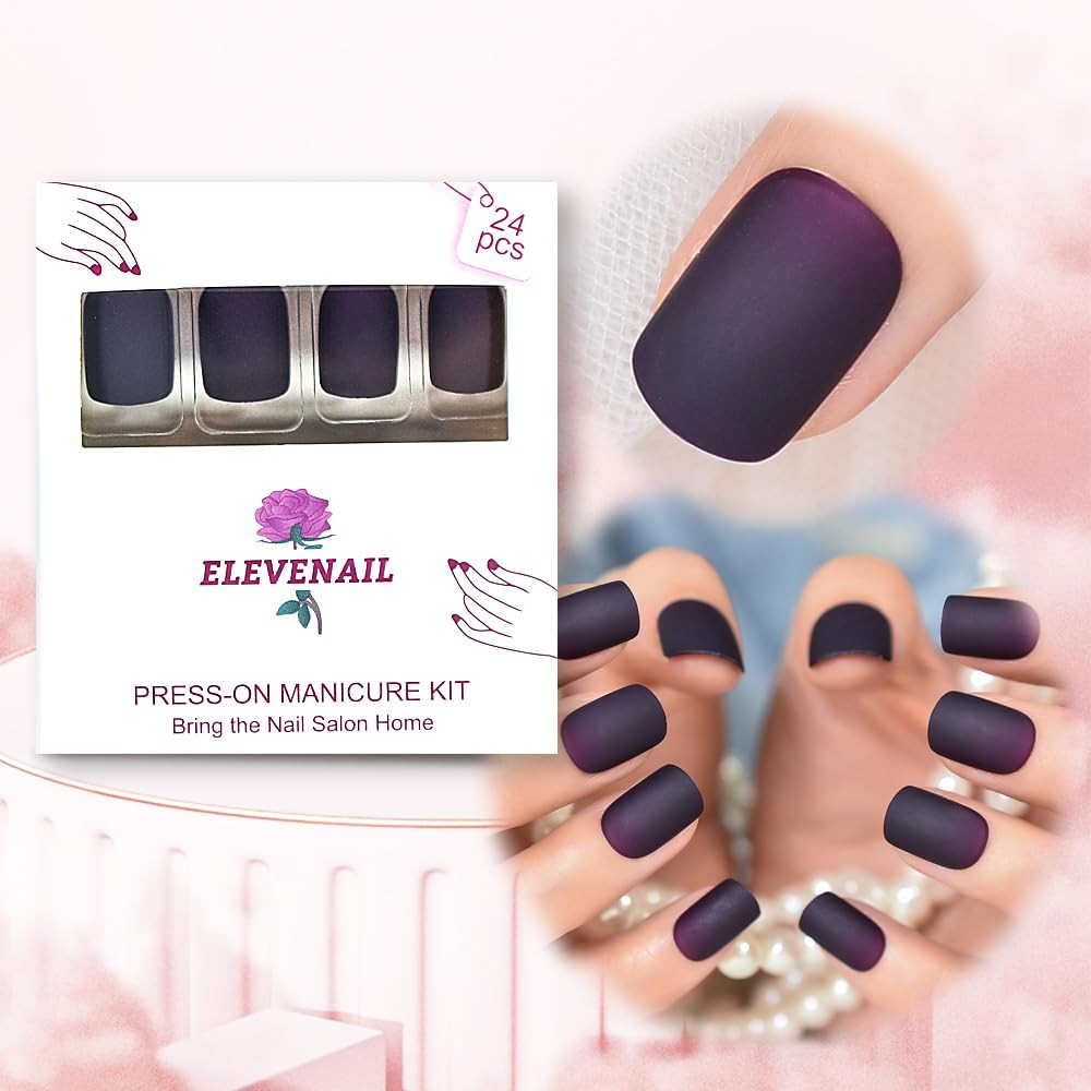 Press on Nails Rubber Matte Dark Purple Gradient False Nails Squoval Short Acryl