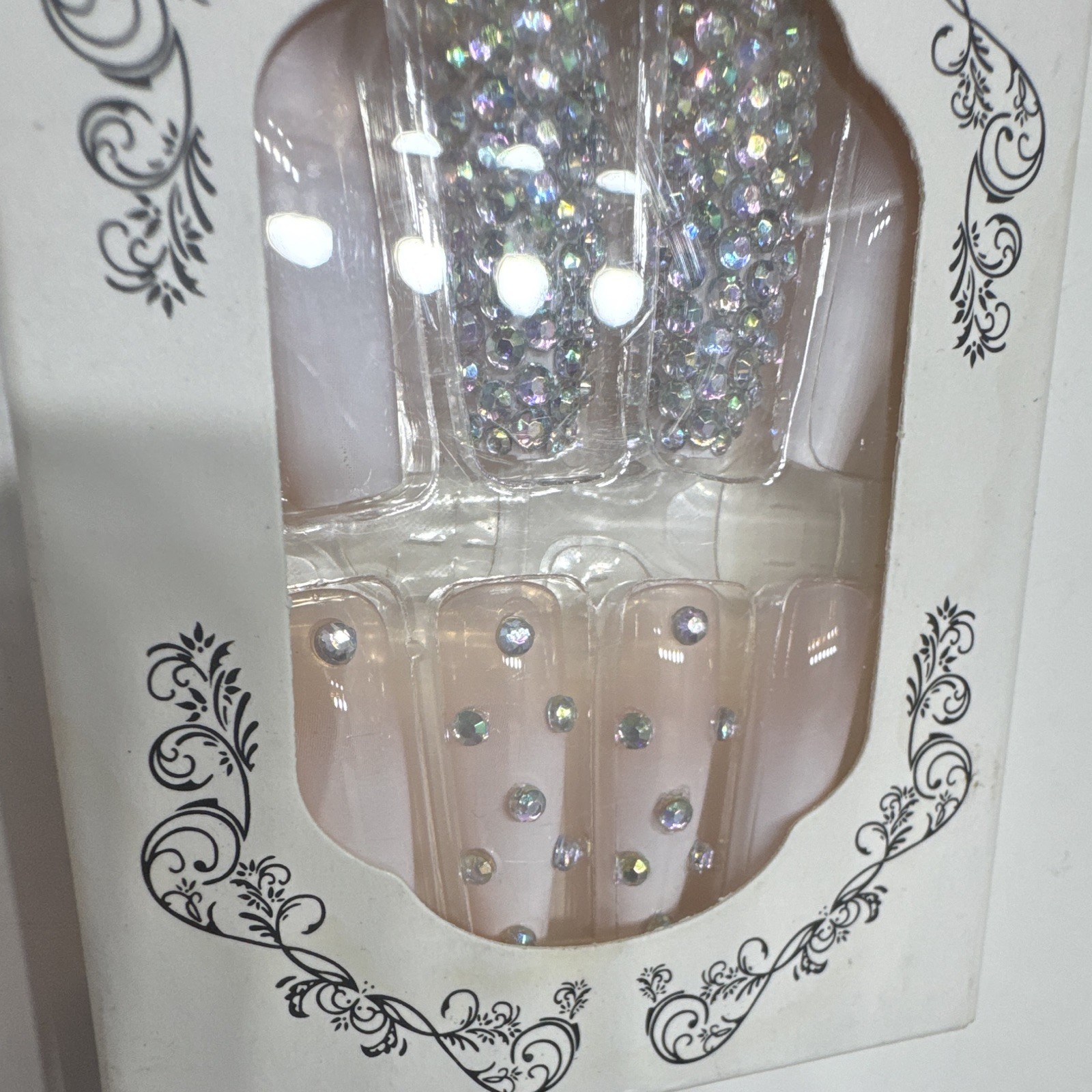 LE FAN Press-On Nails Pink/Silver Glitter Rhinestone Coffin Long, Glue Included