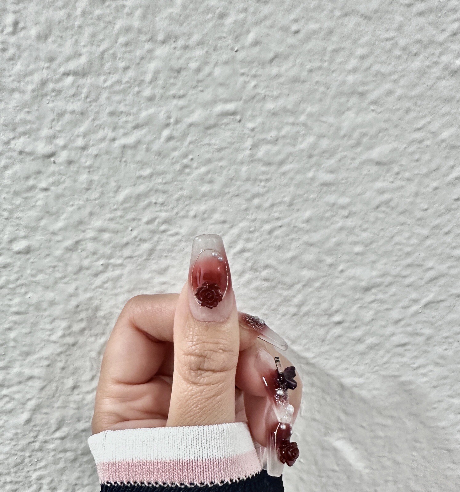 press on nails handmade Claret Butterfly And Rose Long Coffin XS S M L