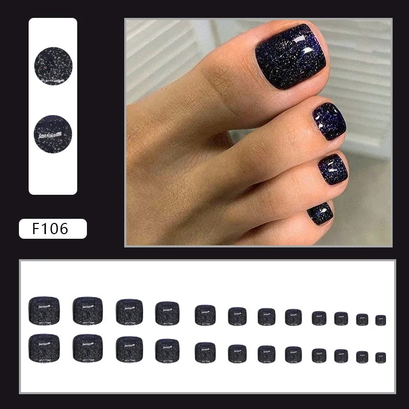 24pcs Glitter Fake Toenails Reusable Full Cover Acrylic Foot Nail Tips